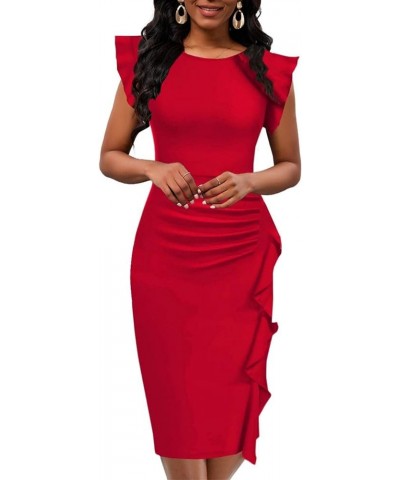 Women's 2024 Flutter Sleeve Bodycon Midi Dress Sexy Crew Neck Knit Ruffle Wear to Work Cocktail Party Pencil Dresses Red $17....