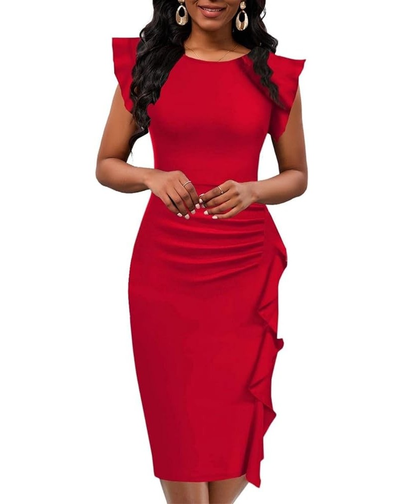 Women's 2024 Flutter Sleeve Bodycon Midi Dress Sexy Crew Neck Knit Ruffle Wear to Work Cocktail Party Pencil Dresses Red $17....