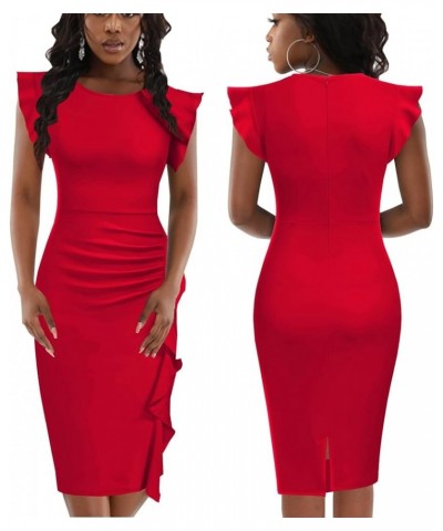 Women's 2024 Flutter Sleeve Bodycon Midi Dress Sexy Crew Neck Knit Ruffle Wear to Work Cocktail Party Pencil Dresses Red $17....