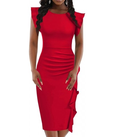 Women's 2024 Flutter Sleeve Bodycon Midi Dress Sexy Crew Neck Knit Ruffle Wear to Work Cocktail Party Pencil Dresses Red $17....