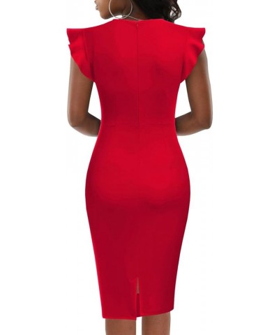 Women's 2024 Flutter Sleeve Bodycon Midi Dress Sexy Crew Neck Knit Ruffle Wear to Work Cocktail Party Pencil Dresses Red $17....