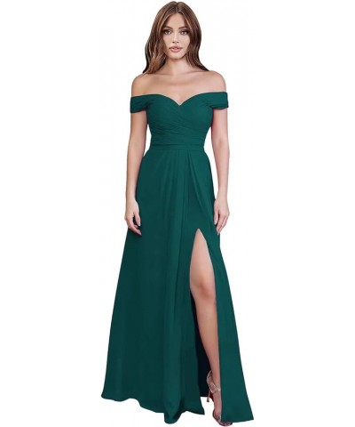 Women's Off Shoulder Bridesmaid Dresses Long with Slit A-line Chiffon Formal Dress for Wedding Teal $28.08 Dresses