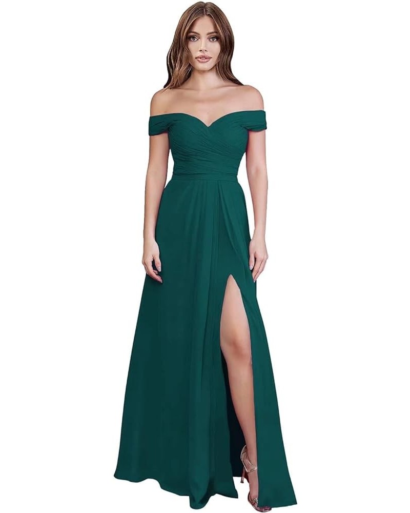 Women's Off Shoulder Bridesmaid Dresses Long with Slit A-line Chiffon Formal Dress for Wedding Teal $28.08 Dresses