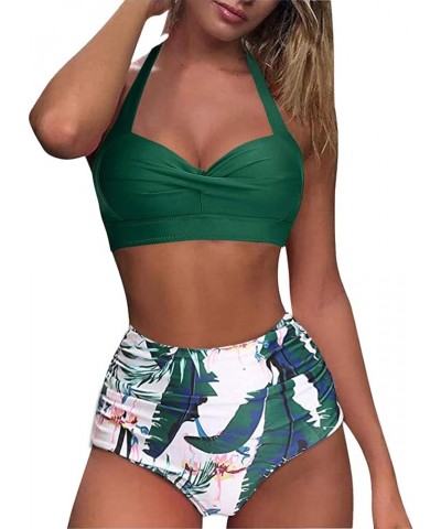 Womens Two Piece Swimsuit Retro Halter Ruched High Waist Tummy Control Bikini Floral Tropical Bathing Suits Swimwear B-dark G...