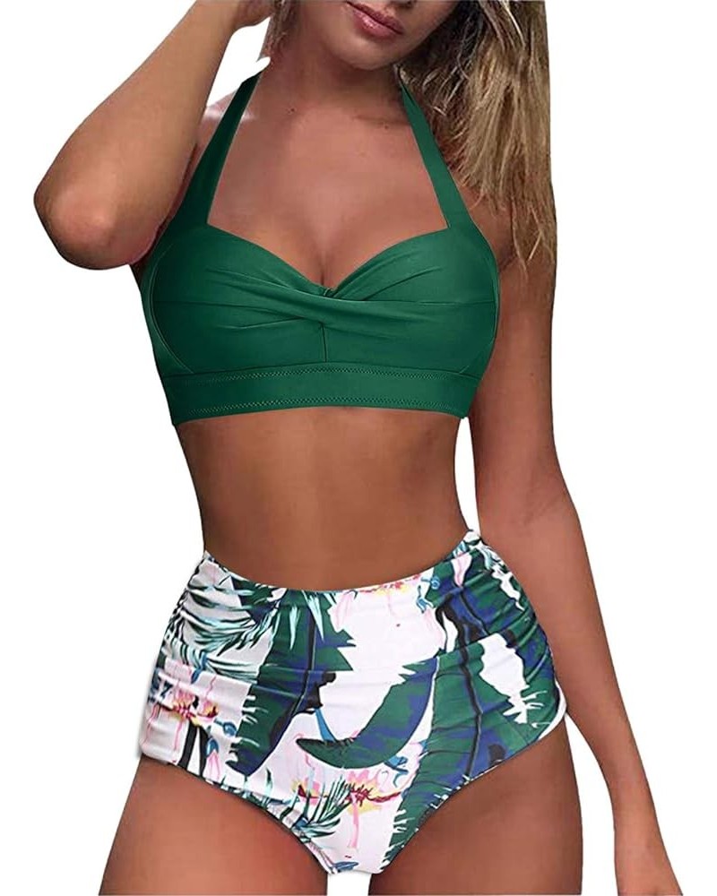 Womens Two Piece Swimsuit Retro Halter Ruched High Waist Tummy Control Bikini Floral Tropical Bathing Suits Swimwear B-dark G...