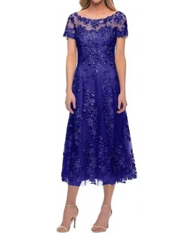 Lace Tea Length Mother of The Bride Dress for Wedding Guest Tulle Short Sleeves Formal Evening Dress LD0280 Royal Blue $36.55...