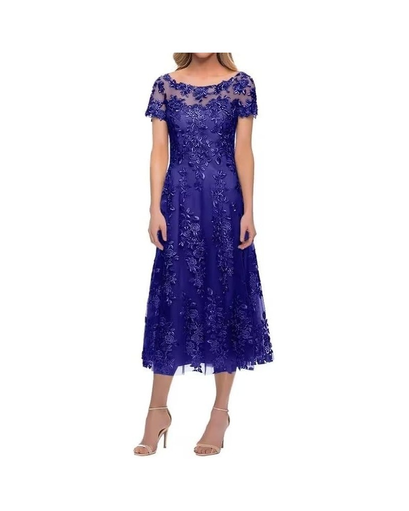 Lace Tea Length Mother of The Bride Dress for Wedding Guest Tulle Short Sleeves Formal Evening Dress LD0280 Royal Blue $36.55...