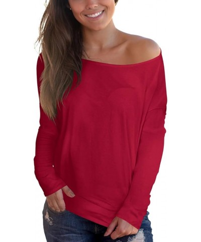 Women's Off Shoulder Tops Long Sleeve Casual Loose Blouse Plaid Tee Shirt A-wine Red $15.31 Blouses