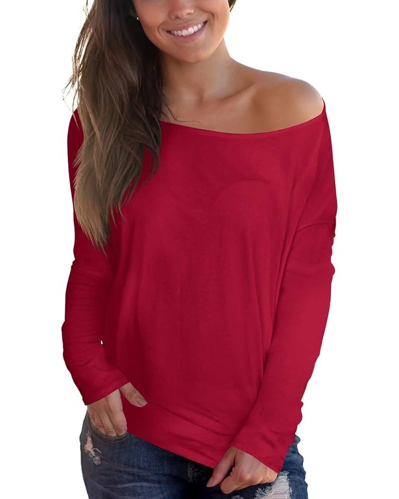 Women's Off Shoulder Tops Long Sleeve Casual Loose Blouse Plaid Tee Shirt A-wine Red $15.31 Blouses