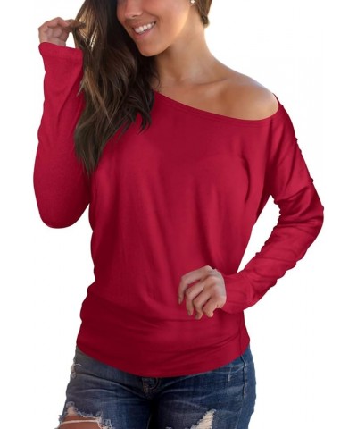 Women's Off Shoulder Tops Long Sleeve Casual Loose Blouse Plaid Tee Shirt A-wine Red $15.31 Blouses