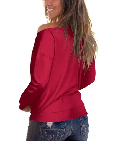 Women's Off Shoulder Tops Long Sleeve Casual Loose Blouse Plaid Tee Shirt A-wine Red $15.31 Blouses