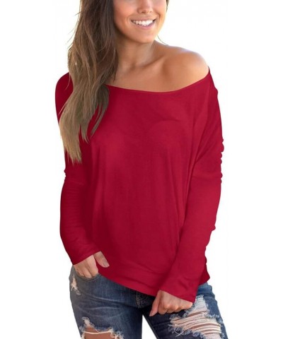 Women's Off Shoulder Tops Long Sleeve Casual Loose Blouse Plaid Tee Shirt A-wine Red $15.31 Blouses