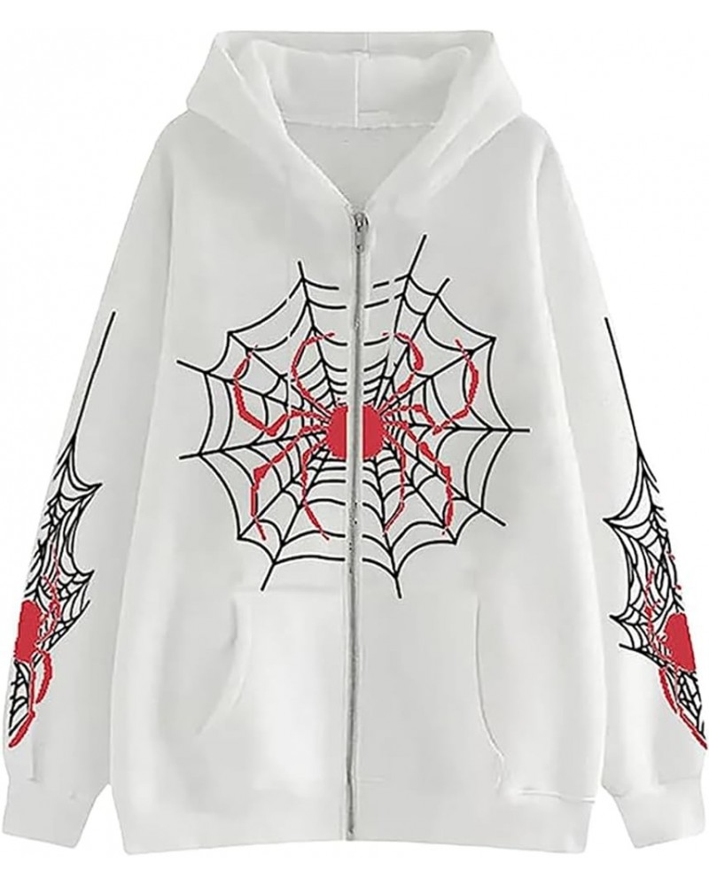 Women and Men Y2K Spider Web Zip Up Hoodies Sweatshirts Fashion Pullover Long Sleeve Jackets Halloween White $14.74 Hoodies &...