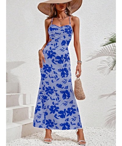 Waist Cut Out Midi Dress High Waist Pencil Bodycon Backless Sleeveless Summer Dresses for Women Floral Blue $16.95 Dresses