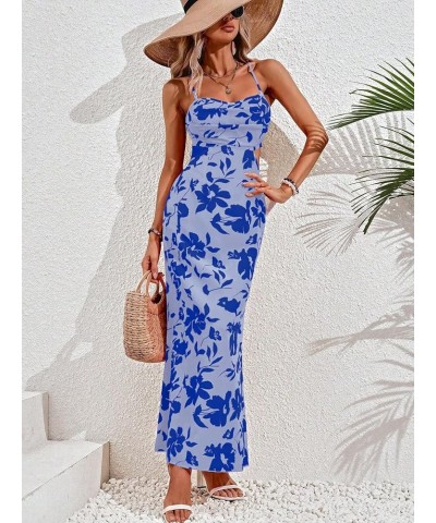 Waist Cut Out Midi Dress High Waist Pencil Bodycon Backless Sleeveless Summer Dresses for Women Floral Blue $16.95 Dresses