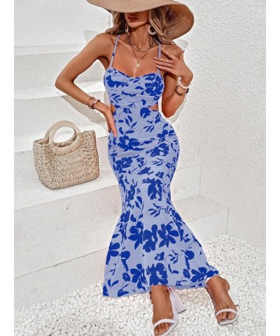 Waist Cut Out Midi Dress High Waist Pencil Bodycon Backless Sleeveless Summer Dresses for Women Floral Blue $16.95 Dresses