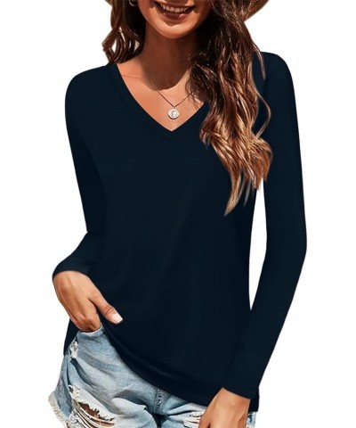 Women Shirts V Neck Short/Long Sleeve Cotton Tops T-Shirt Basic Tees A:navy Blue $13.99 T-Shirts