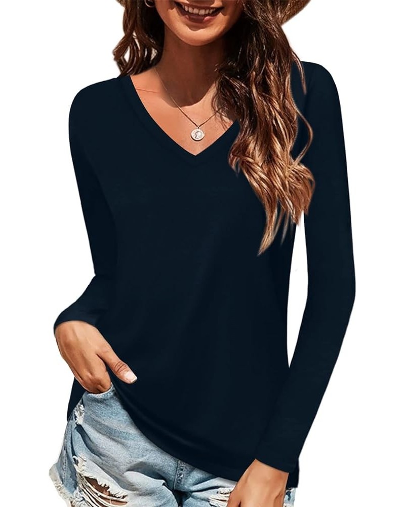 Women Shirts V Neck Short/Long Sleeve Cotton Tops T-Shirt Basic Tees A:navy Blue $13.99 T-Shirts