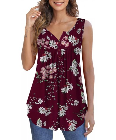 Womens Plus Size Tunic Tops Sleeveless Summer Printed Flowy Blouses with Buttons Shirts Burgundy $13.19 Tanks