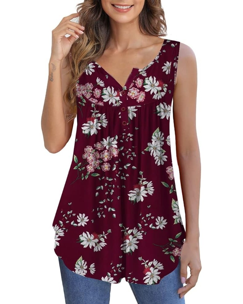 Womens Plus Size Tunic Tops Sleeveless Summer Printed Flowy Blouses with Buttons Shirts Burgundy $13.19 Tanks