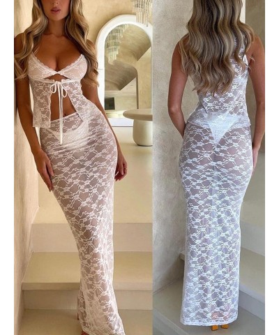 Women 2 Piece Maxi Skirt Set Y2k Lace Up Back Tie Up Tank Tops Bodycon Long Skirt Summer Party Club Streetwear R White $10.63...