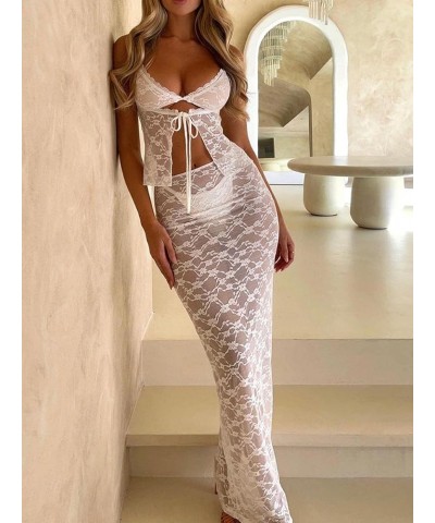 Women 2 Piece Maxi Skirt Set Y2k Lace Up Back Tie Up Tank Tops Bodycon Long Skirt Summer Party Club Streetwear R White $10.63...