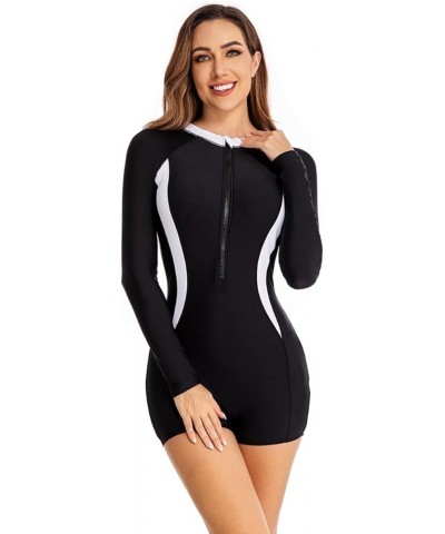 Women's One Piece Rashguard Boyleg Long Sleeve Swimsuit UV Protection Zipper Surfing Swimwear Black-white $13.49 Swimsuits