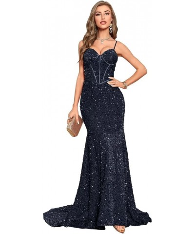 Women's Spaghetti Straps Sequin Corset Prom Dresses Long Mermaid Sparkly Glitter Formal Evening Gowns Backless Navy $34.00 Dr...