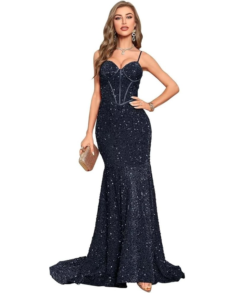 Women's Spaghetti Straps Sequin Corset Prom Dresses Long Mermaid Sparkly Glitter Formal Evening Gowns Backless Navy $34.00 Dr...