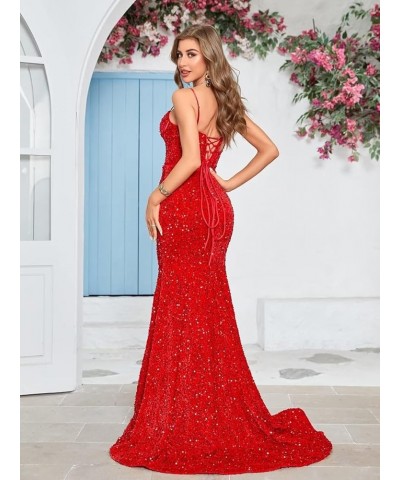 Women's Spaghetti Straps Sequin Corset Prom Dresses Long Mermaid Sparkly Glitter Formal Evening Gowns Backless Navy $34.00 Dr...