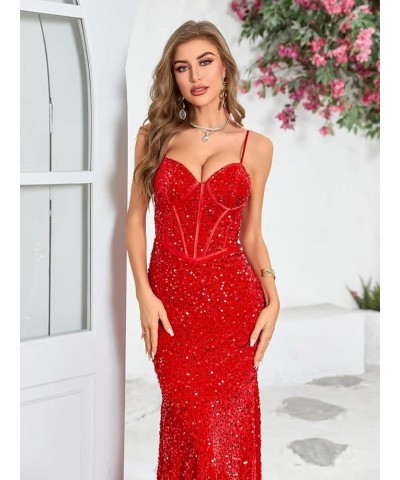 Women's Spaghetti Straps Sequin Corset Prom Dresses Long Mermaid Sparkly Glitter Formal Evening Gowns Backless Navy $34.00 Dr...