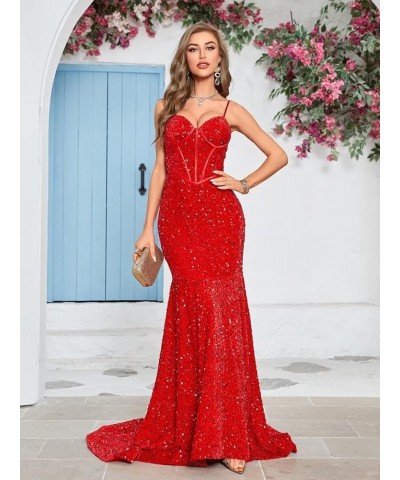 Women's Spaghetti Straps Sequin Corset Prom Dresses Long Mermaid Sparkly Glitter Formal Evening Gowns Backless Navy $34.00 Dr...