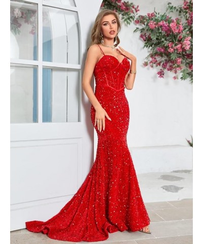 Women's Spaghetti Straps Sequin Corset Prom Dresses Long Mermaid Sparkly Glitter Formal Evening Gowns Backless Navy $34.00 Dr...