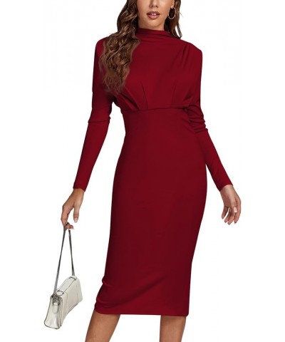 Women's Ruched Mock Neck Split Back Long Sleeve Cocktail Party Bodycon Midi Dress Wine Red $20.46 Dresses