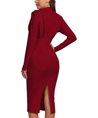 Women's Ruched Mock Neck Split Back Long Sleeve Cocktail Party Bodycon Midi Dress Wine Red $20.46 Dresses