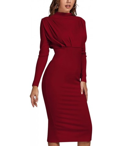 Women's Ruched Mock Neck Split Back Long Sleeve Cocktail Party Bodycon Midi Dress Wine Red $20.46 Dresses