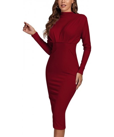 Women's Ruched Mock Neck Split Back Long Sleeve Cocktail Party Bodycon Midi Dress Wine Red $20.46 Dresses