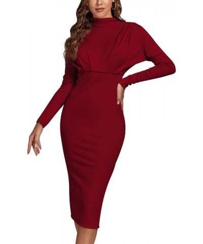 Women's Ruched Mock Neck Split Back Long Sleeve Cocktail Party Bodycon Midi Dress Wine Red $20.46 Dresses