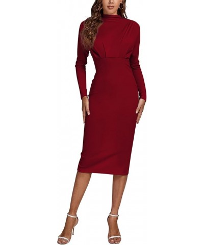 Women's Ruched Mock Neck Split Back Long Sleeve Cocktail Party Bodycon Midi Dress Wine Red $20.46 Dresses