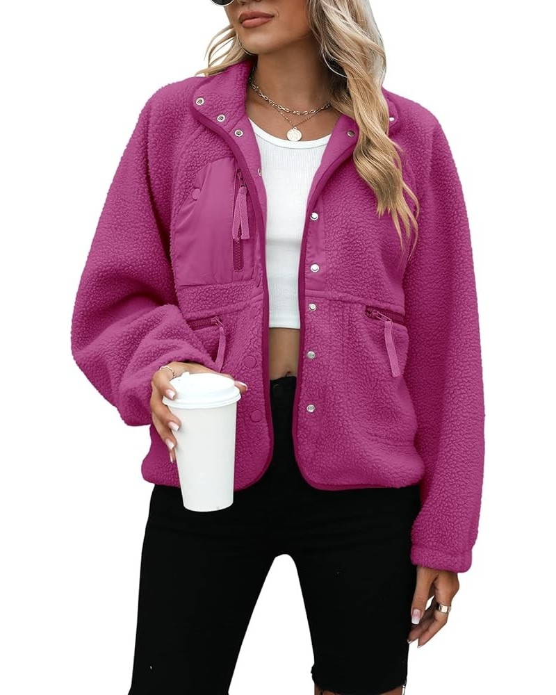 Womens Fleece Jacket Fuzzy Long Sleeve Short Coats Button Down Sherpa Outerwear With Pockets Fuchsia $26.94 Jackets