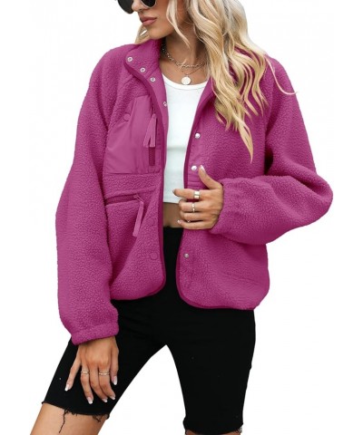 Womens Fleece Jacket Fuzzy Long Sleeve Short Coats Button Down Sherpa Outerwear With Pockets Fuchsia $26.94 Jackets