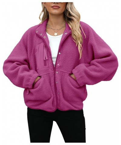 Womens Fleece Jacket Fuzzy Long Sleeve Short Coats Button Down Sherpa Outerwear With Pockets Fuchsia $26.94 Jackets