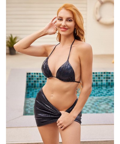 Women's 3 Piece Swimsuits Snakeskin High Cut Bikini Set with Beach Skirt Blue $15.30 Swimsuits