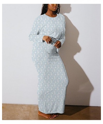 Women Y2k 2 Piece Maxi Skirt Sets Long Sleeve Crop Tops Bodycon Long Skirts Tight Basic Lounge Set Sleepwear D-blue Four $10....