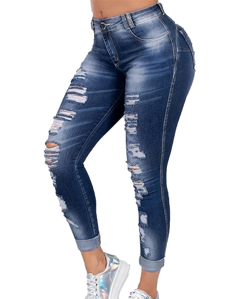 Ladies Ripped Slim Stretch Denim Trousers Skinny Destroyed Denim Stretch Trousers Sexy Fit Hole Pencil Jean Pants Grey Blue $...