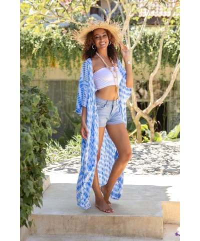 Womens Tie Dye Long Beach Kimono Cardigan Bathing Suit Swimsuit Cover Up Open Front Duster Boho Rayon Blue White $14.60 Swims...