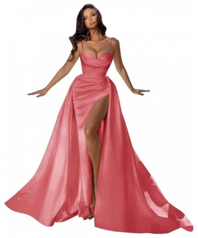 Spaghetti Straps Satin Prom Dresses for Women 2024 Sweetheart Mermaid Long Formal Evening Party Gowns with Slit Watermelon $2...