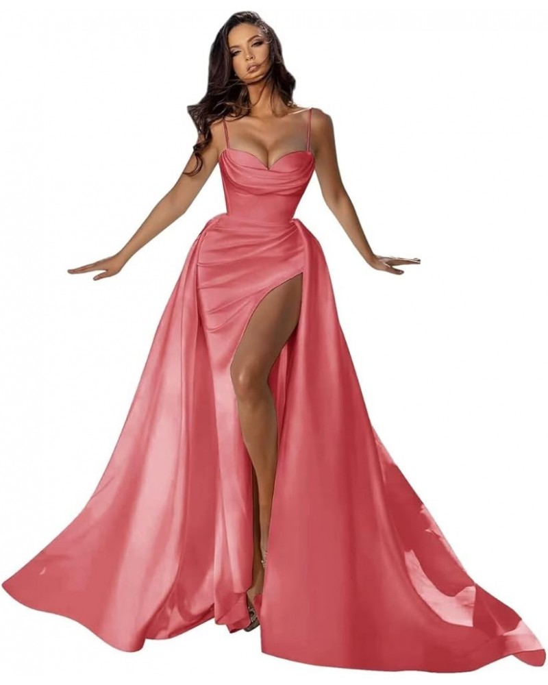 Spaghetti Straps Satin Prom Dresses for Women 2024 Sweetheart Mermaid Long Formal Evening Party Gowns with Slit Watermelon $2...