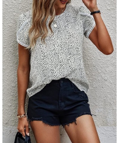 Women's Shirts Summer Casual Crewneck Lace Crochet Short Sleeve Blouses Cute Floral Print Loose Tunic Tops Dot Black White $1...