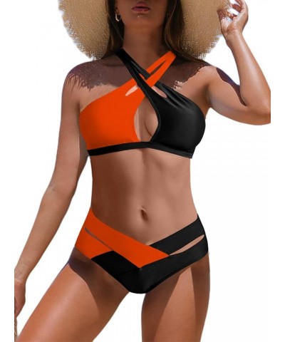 Women's Sexy Wrap Cross 2 Piece Swimsuit Cutout High Waisted Bikini Set Orange Black $12.97 Swimsuits